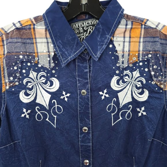 Affliction Snap Front Shirt Womens S Roll Tab 3/4 Sleeve Blue Cross Rhinestones - Picture 10 of 16